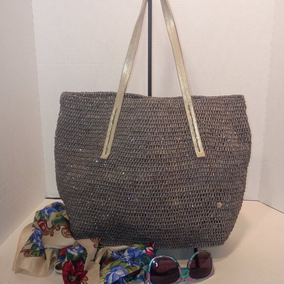 Anthropologie Handbags - FLORA BELLA for ANTHROPOLOGIE Gray & Silver Woven Raffia Tote Bag